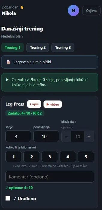 MOOVE — klijentov ekran Danas sa zadatim treningom